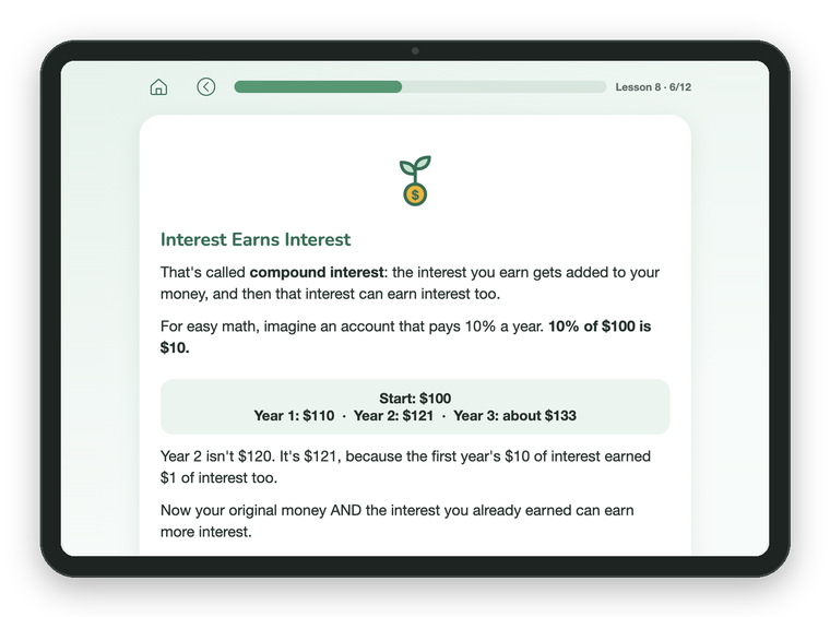 A Networthy lesson on a tablet explaining compound growth: $100 at 10 percent a year becomes $110, then $121, then $133.